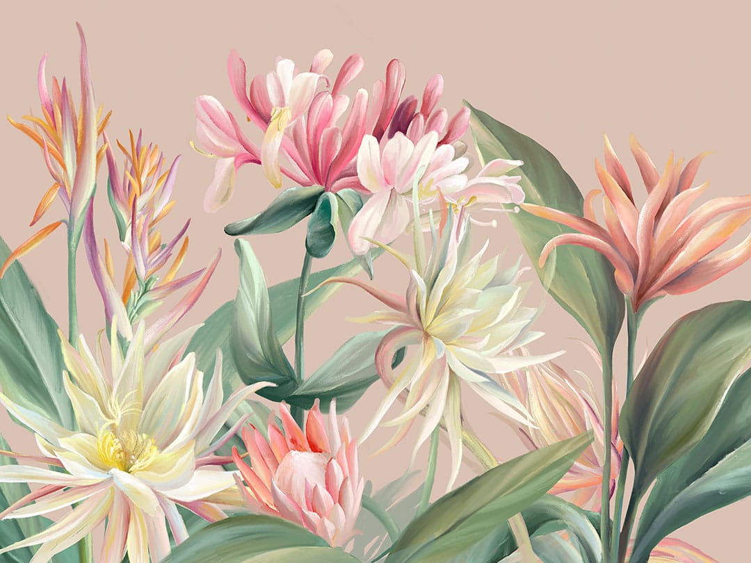 Wall mural with bright tropical flowers on the pink background