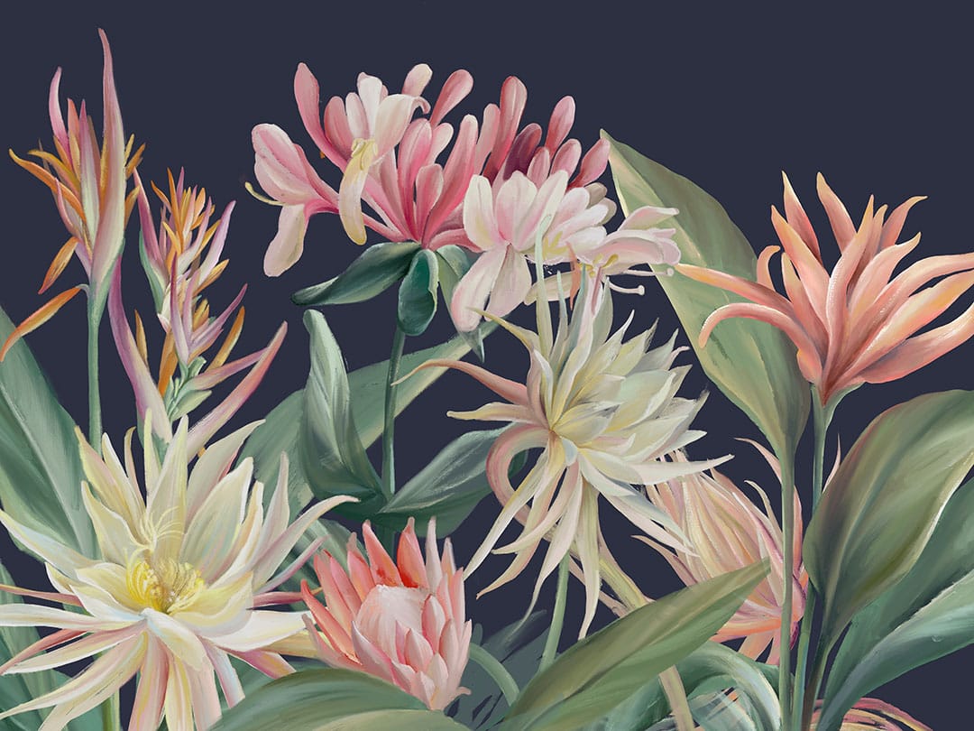 Wall mural with bright tropical flowers on the navy blue background